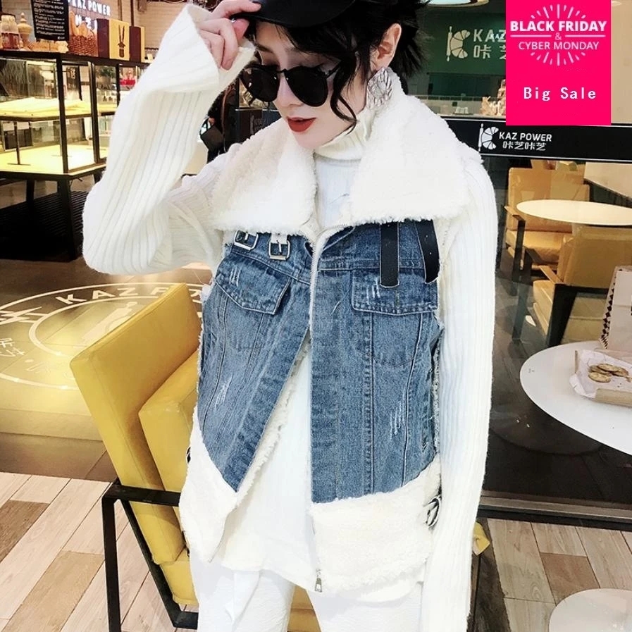 

2018 autumn and winter fashion new women's coat vests denim stitching waistcoat wild loose slim was thin sleeveless jacket L1579