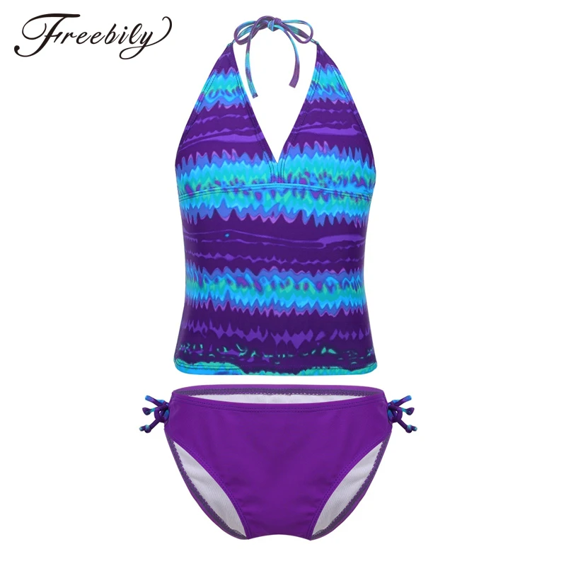 

freebily Kids Teens Two-piece Tankini Swimsuit Children Girls Mambo Tie-Dye Swim Tops Briefs Bikini Set Bathing Suits