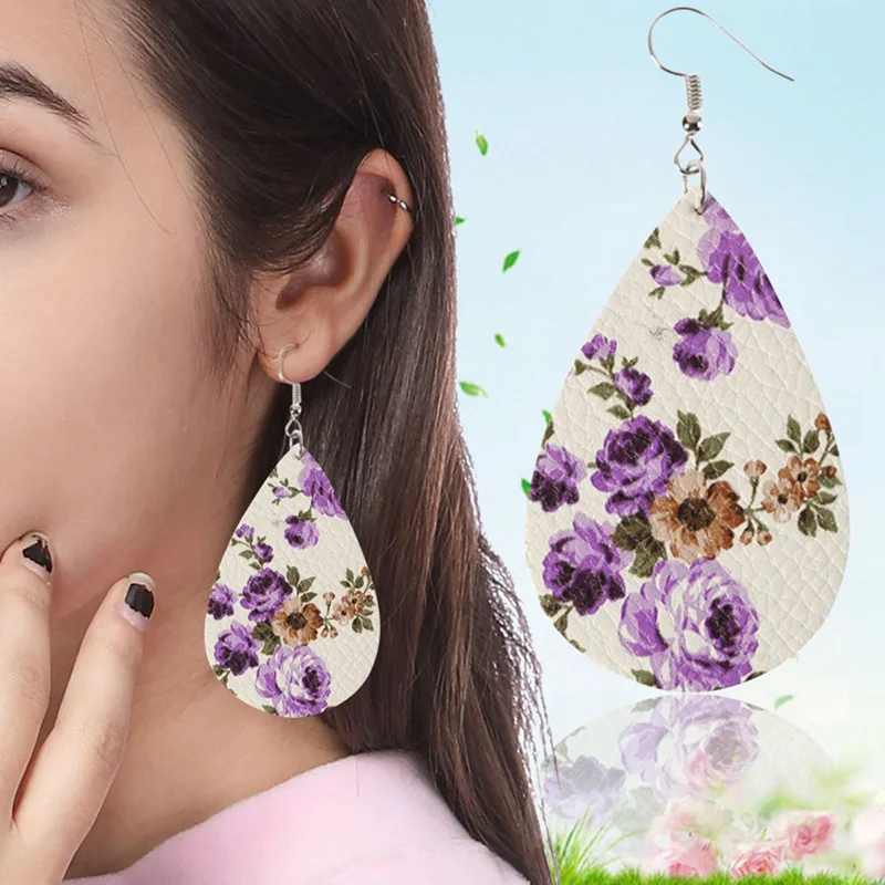 

2018 Women Unique Design Print Floral Leather Teardrop Earrings Fashion Statement Waterdrop Earrings Jewelry Gift 6 colors