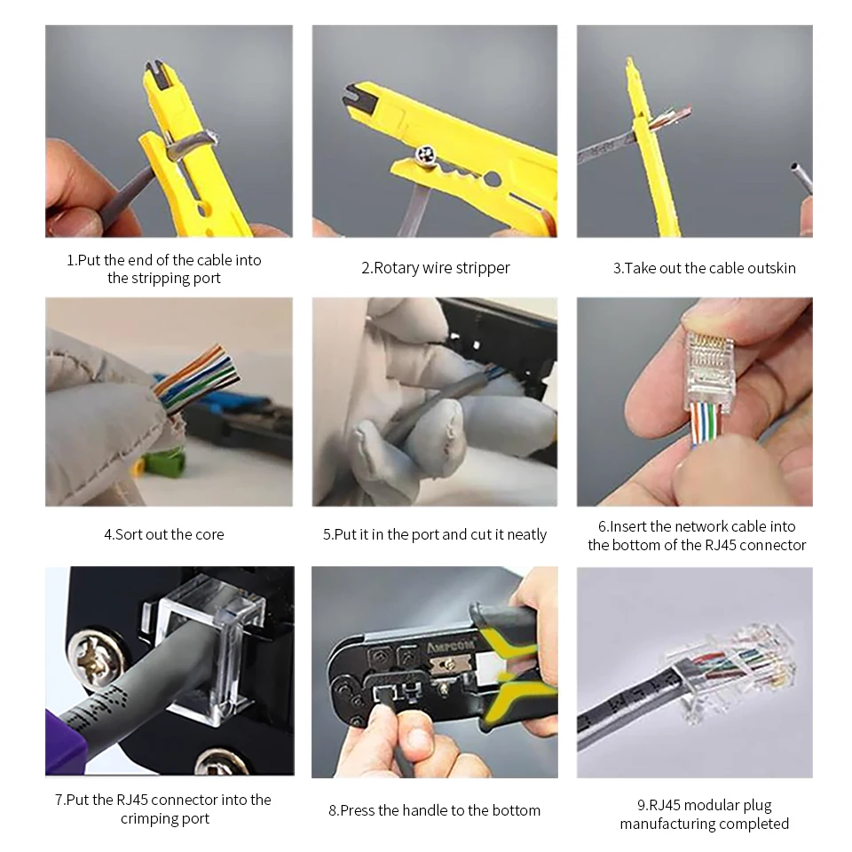 AMPCOM RJ11 RJ45 Ratchet Crimping Tool Ethernet Network LAN Cable Crimper Cutter Stripper Plier Modular 8P RJ45 and 6P RJ12 RJ11