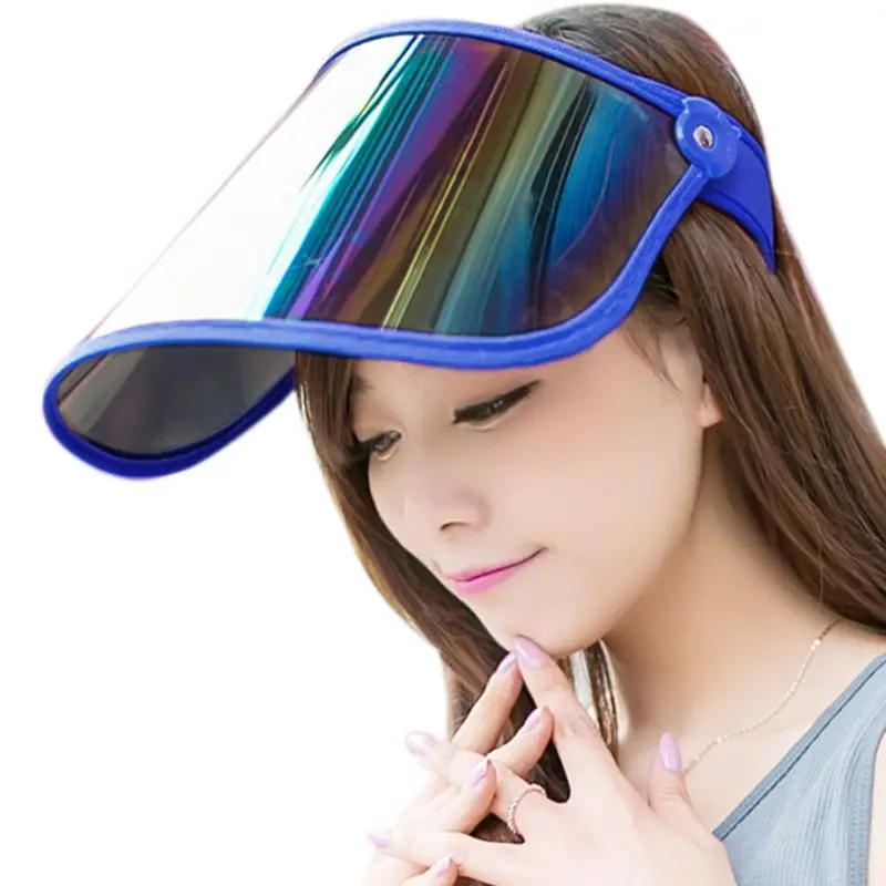 

Women Summer Empty Top Sun Visor Hat Rainbow Plastic Panel UV Protection Adjustable Angle Large Wide Brim Motorcycle Beach Cap