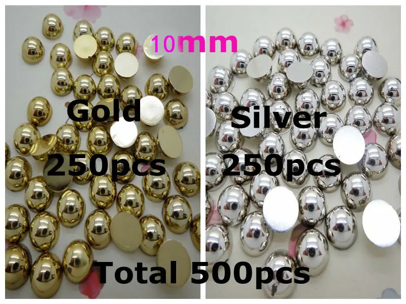 

Free Shipping Mixed 10mm 500Pcs Gold And Silver Craft ABS Half Round Flatback Pearls,Loose Imitation Pearl Beads