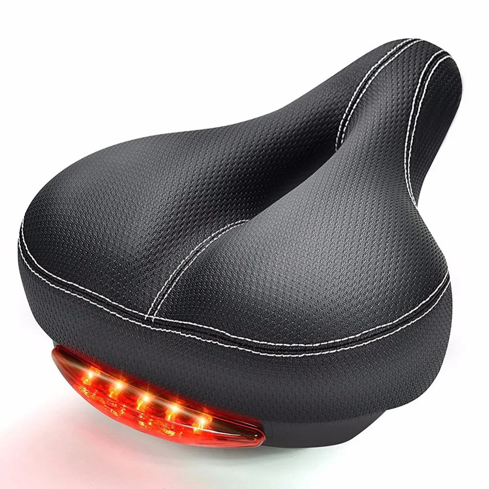 

LumiParty Leather Comfortable Soft Breathable Waterproof Bike Seat Saddle Memory Foam Padded Wide Bicycle Saddle with Taillight