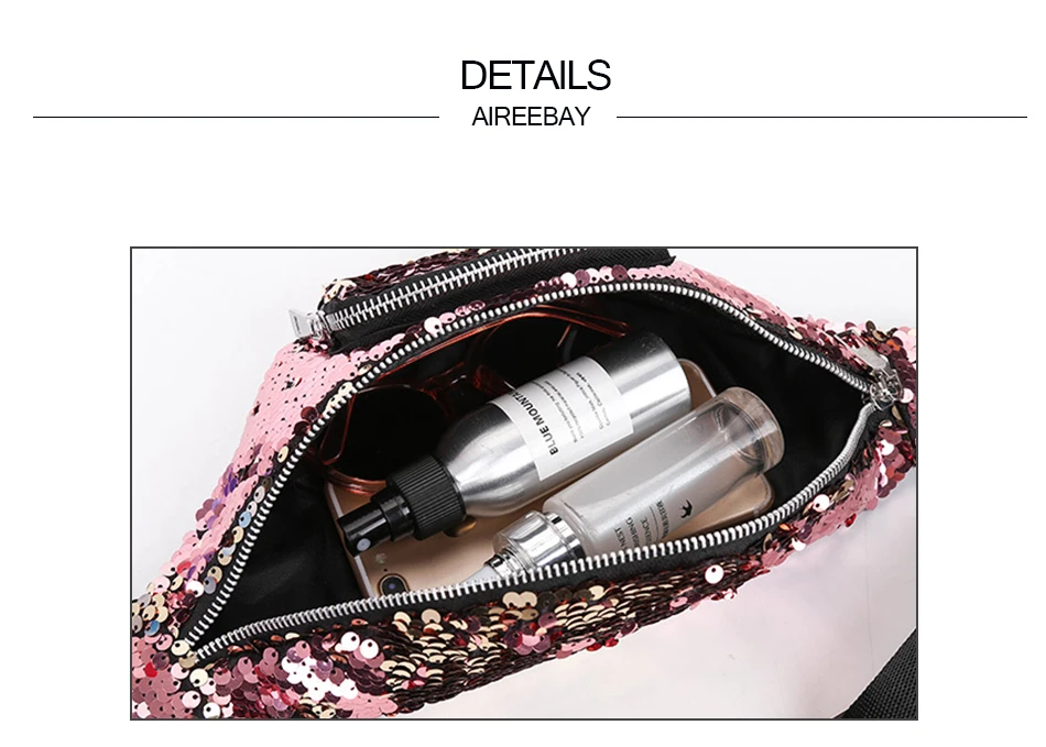 AIREEBAY, Женская двусторонняя поясная сумка с блестками, блестящая поясная сумка, женская сумка для путешествий, денег, телефона, Фанни, сумка на плечо, сумка-бум, дизайн