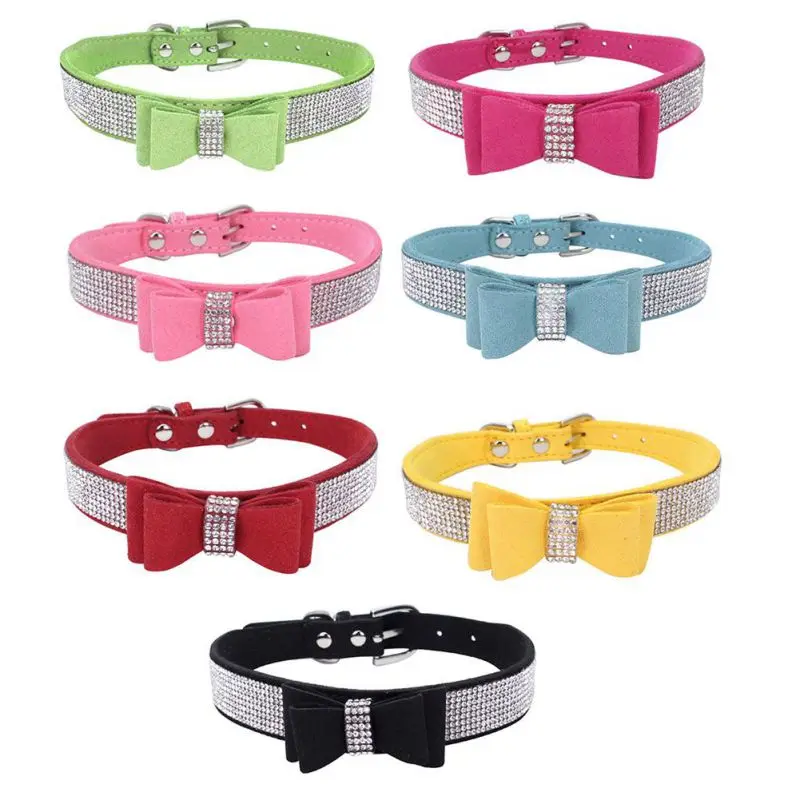 Pet lazo de diamantes de imitación nudo Collar de perro gato Bling suave lindo Collar de la Collar de cuero para mascotas perro suministros