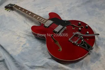 Hot sale Chinese electric guitar,semi hollow jazz guitar,bigsby tremolo chrome bridge,red hollow guitar