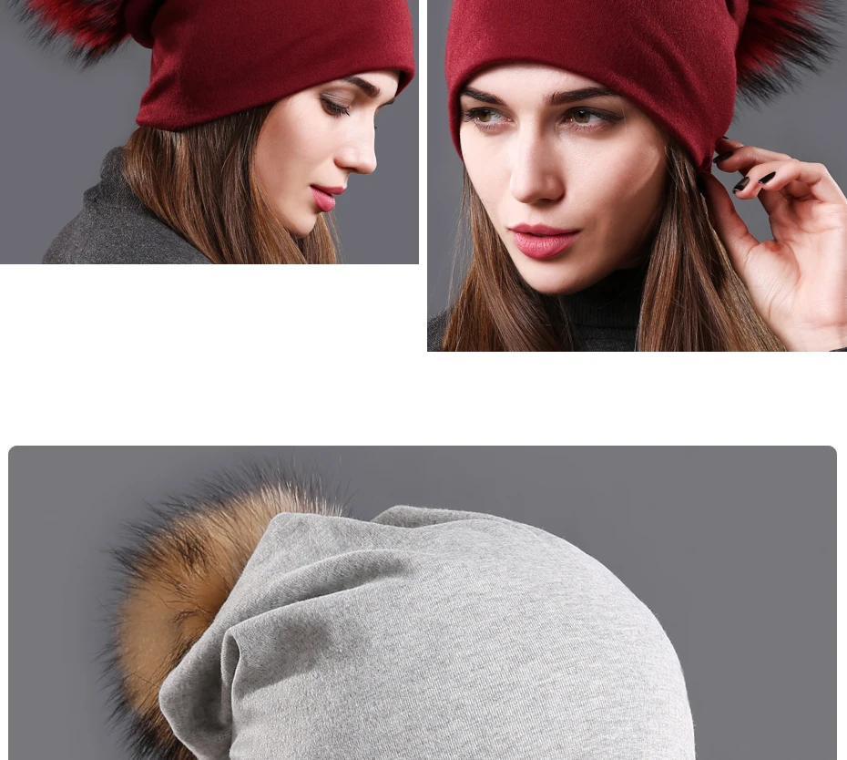 Шапки с помпонами из натурального меха енота, осенние шапки skullies beanies, женские модные однотонные кепки, зимняя теплая Женская хлопковая шапка