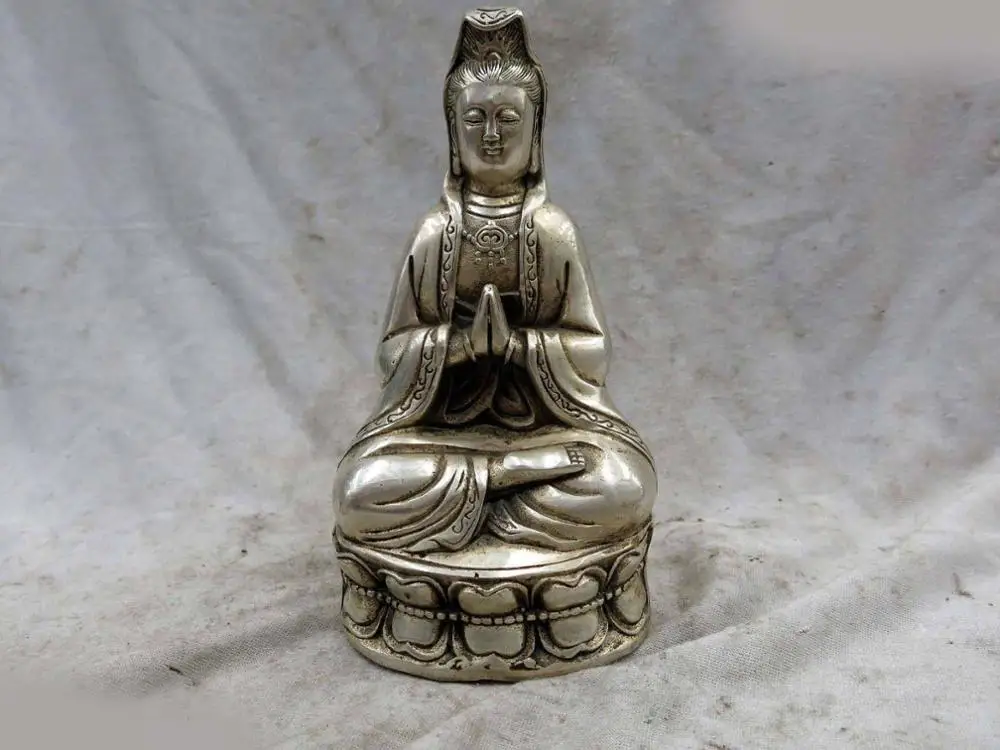 

DS 6" China silver carved fine Buddhism Kwan-yin Guanyin buddha Sculpture Statue