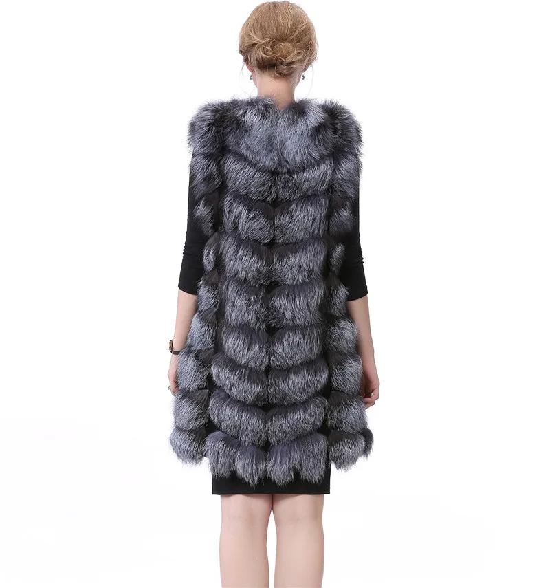 Valpeak Real Silver Fox Fur Vest Genuine Leather Stripe Long Sleeveless Warm Fur Coat Women Winter 2017 Natural Fox Fur Vest Coats