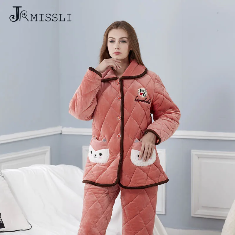 JRMISSLI 2017 Autumn And Winter Fashion Quality Thick Flannel Warm Cotton Plus Size Women Pajama Set Sleepwear | Женская одежда