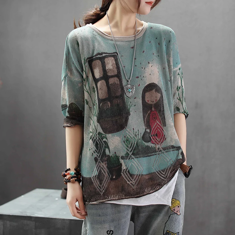 

Spring Autumn T-shirt Retro Women Loose Knitting Pullovers New Tops O-Neck Print Pattern Casual Ladies T-shirt 2019 Tops