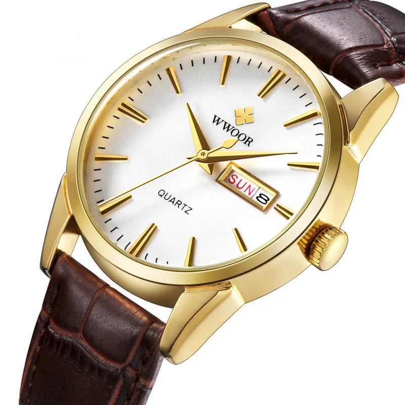WWOOR Brand Men Watches military Vogue Leather Date Day Quartz Analog