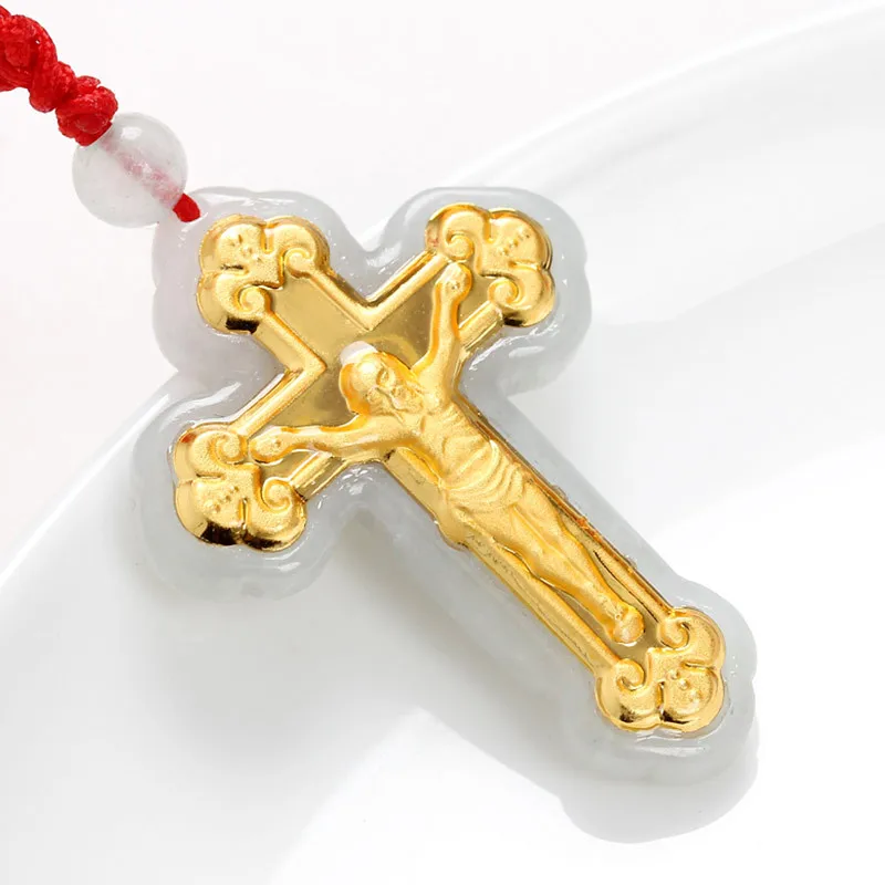 Natural jade jade 24K Christian Cross Pendant gold inlaid with jade and