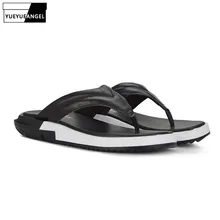 Новинка года; Модные мужские повседневные Шлепанцы из натуральной кожи; сандалии на толстой подошве; большие размеры; цвет черный, белый; пляжные шлепанцы; мужская обувь