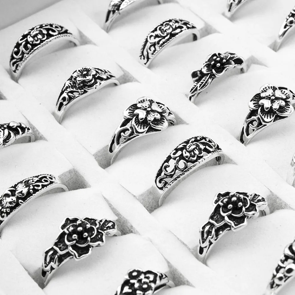 100pcs Flower Retro Gothic Alloy Rings Punk Style Rings for women