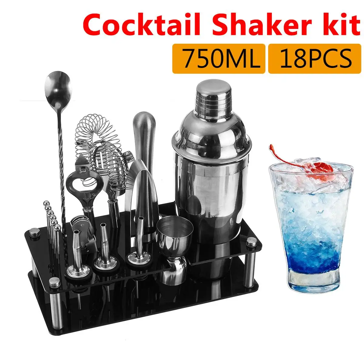 18Pcs/set 750ml Stainless Steel Cocktail Shaker Set Drink Mixer Bartender Kit Bar Set Bar Supplier With Acrylic Stand 18Pcs/set 750ml Stainless Steel Cocktail Shaker Set Drink Mixer Bartender Kit Bar Set Bar Supplier With Acrylic Stand