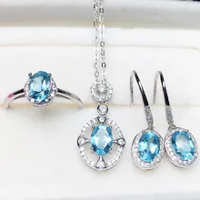 Натуральный голубой топаз Комплект 925 пробы Щепка 1 шт. кольцо 1 шт. Подвеска Серьги 1 пара 1.1ct* 4 шт, драгоценный камень, хорошее ювелирное изделие, J8122606