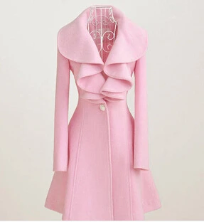 

Women Winter Wool Coat Pink Black Ruffles Collars Keep Warm One Button Slim Cut casaco feminino Lady woolen overcoat J16