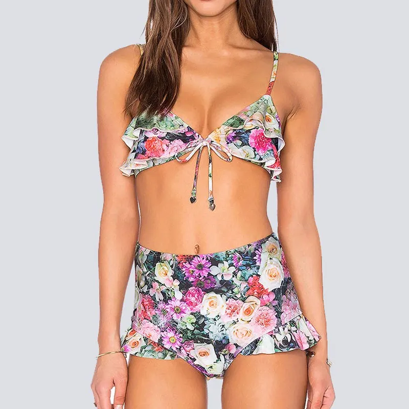 

2017 New High Waist Bikini Falbala Bikini Swimwear Female Print Swimsuit Women's Swimming Suit High Waist Bathing Suits Biquine