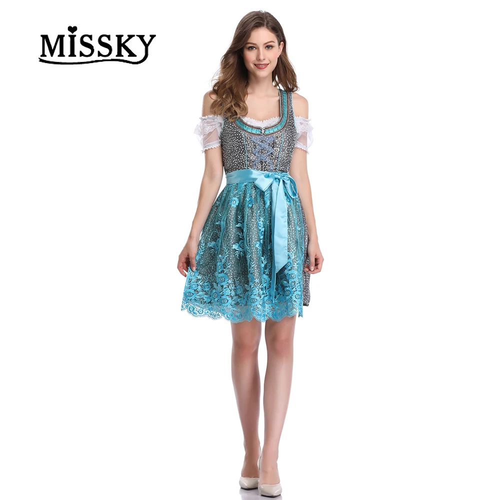 

MISSKY German Fashion Oktoberfest Beer Girl Costume Maid Wench Germany Bavarian Short Sleeve Fancy Dress Dirndl For Adult Women