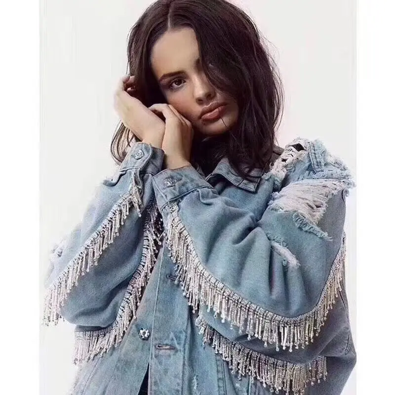 Basic Jackets Denim Jacket Fashion Jeans Coat Denim Jacket Women Loose Plus Clothing Female 2018 Metal Rhinestone Tassel Hole