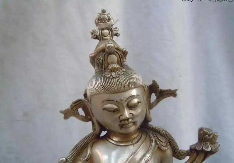 

12" China Tibet silver buddhism lion riding sit Kwan-yin buddha Sculpture statue