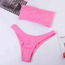Ribbed High Cut Bandeau Bikini Set 2019 Women Strapless Bikini Off Shoulder Push Up Padded Swimwear Female Pink Bikinis Biquini Ribbed High Cut Bandeau Bikini Set 2019 Women Strapless Bikini Off Shoulder Push Up Padded Swimwear Female Pink Bikinis Biquini