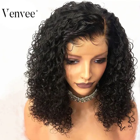 Dianteira do Laço Perucas de Cabelo Humano para as para as Mulheres 13×6 Profunda Encaracolado Curto Bob Mulheres 150% Densidade Brasileiro Natural Preto Completo Cabelo Remy Perucas Venvee