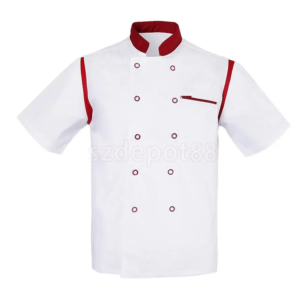 Unisex Chef Jacket White Red Air Mesh Short Sleeve Double Breasted Hotel Kitchen Catering Chefwear Coat Uniform Shirt Tops