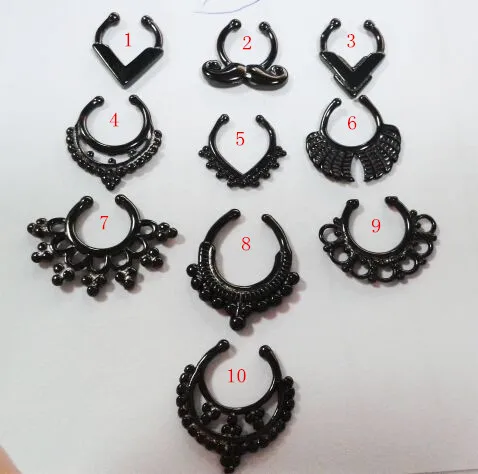 

10pcs mixed newest popular surgical steel black septum clicker nose ring 14g
