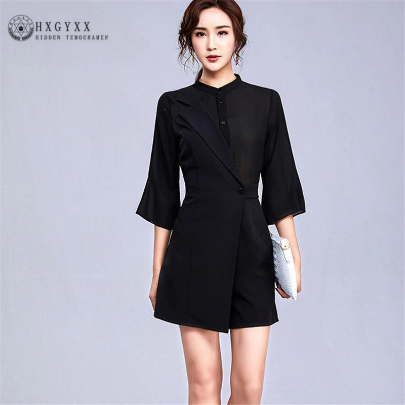 New Spring Summer small Suit stitching Solid color single-breasted jumpsuit Women seven-point sleeve fake two W009 |