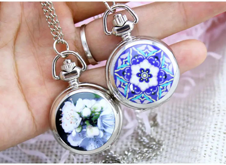 

Fashion Picture Rose Pink Cute flower Pocket Watch Necklace Silver Women Ladies Girl Watches Antibrittle Good Quality