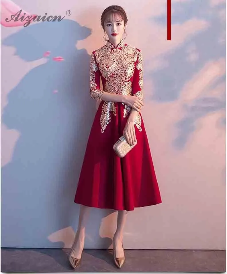 Красный традиционное китайское свадебное платье Qipao Женщины розовая одежда Мода Девушки Cheongsam хлопок A-Line плюс размер вечерние платья