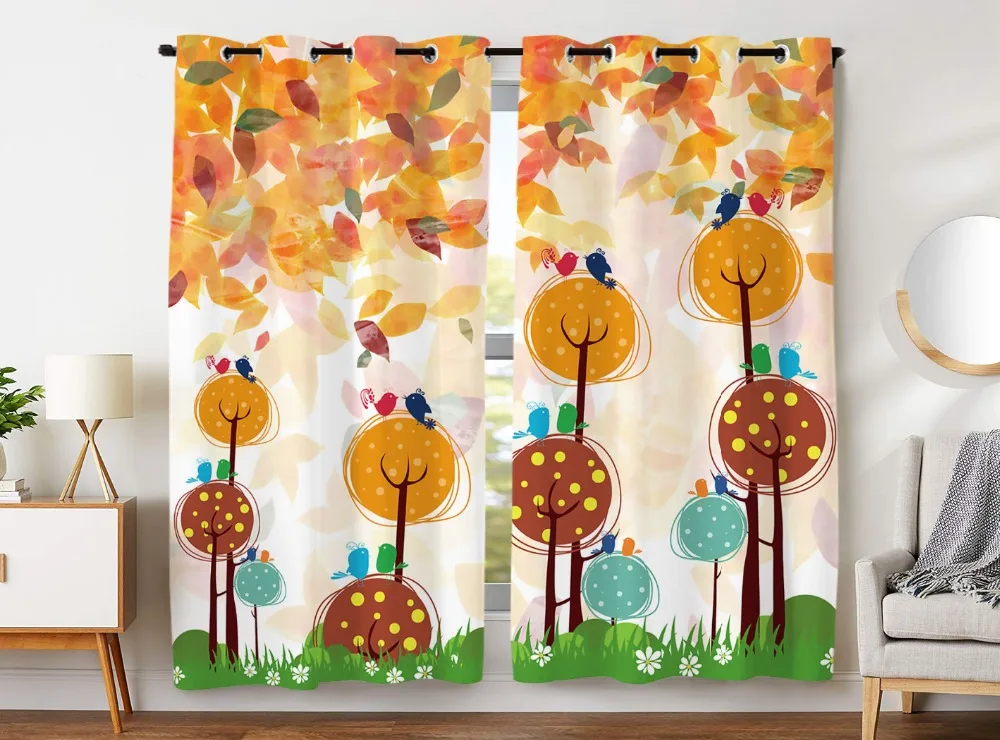 

Blackout Curtains 2 Panels Grommet Curtains for Bedroom Cartoon Trees Yellow Leaves