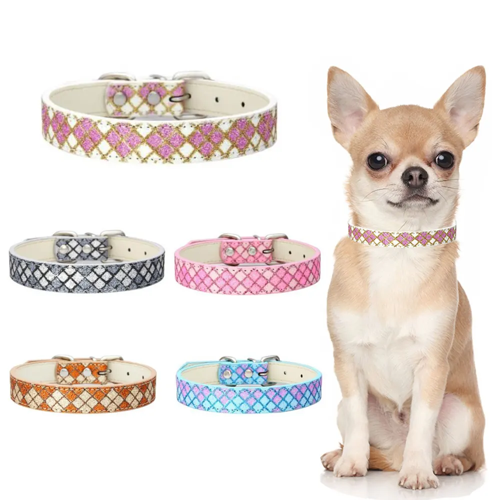 PU Leather Dog Collar Bling Durable Padded Pet Cat Collars Personalized