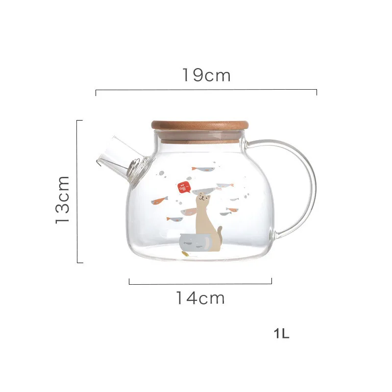 High Borosilicate Glass Tea Pot Transparent Infuser Handmade Flower Tea Set Heat Resistant Strainer Kongfu Tea Flower Tea Kettle - Цвет: 1L Teapot Cat