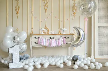 

1st birthday decorations moon white balloons backdrops Vinyl cloth High quality Computer print party backgrounds
