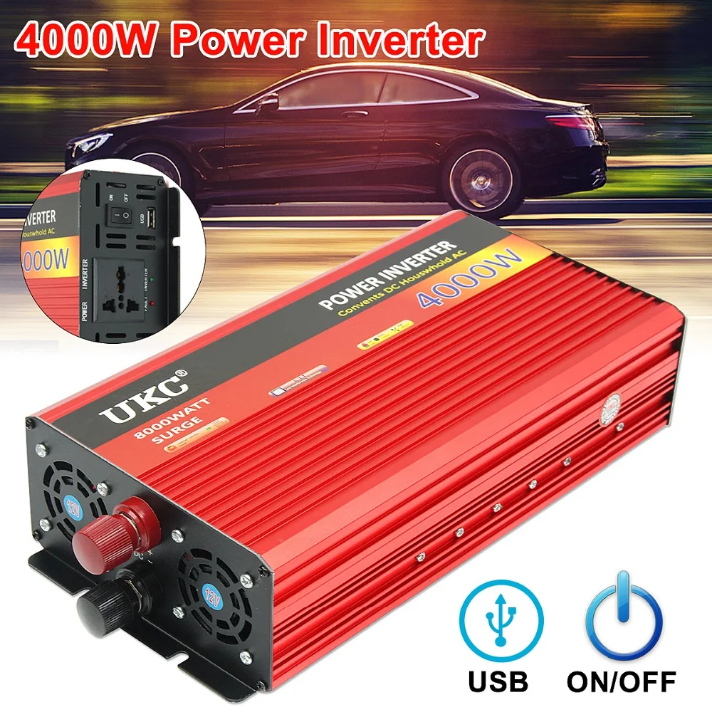 

UKC Inverter 12V 220V 4000W 8000W Peak- Modified Sine Wave Power Inverter DC12V to AC220V Voltage Transformer Converter USB