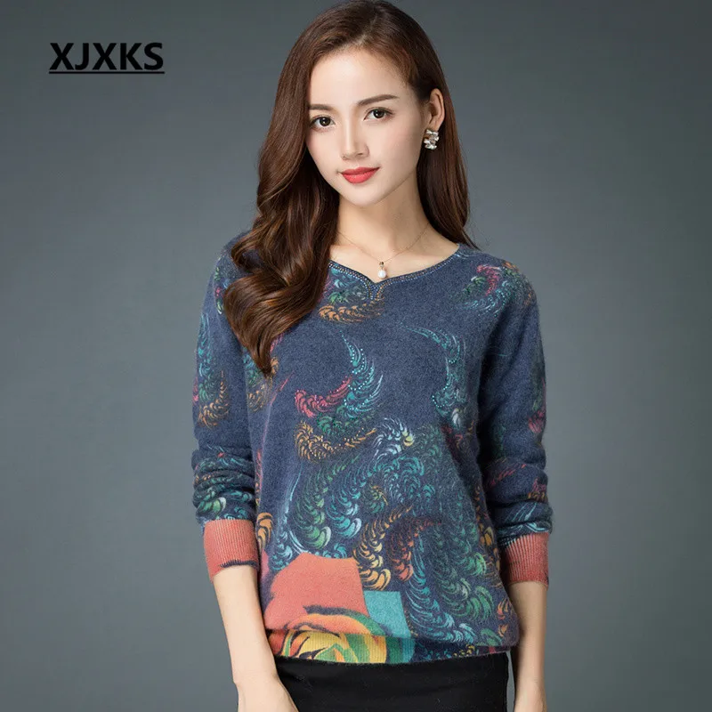 

XJXKS 2018 autumn and winter knitted sweater loose large size high quality mink cashmere christmas sweater and pullover