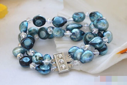 

0707 3row 8" blue baroque pearl faceted crystal bracelet