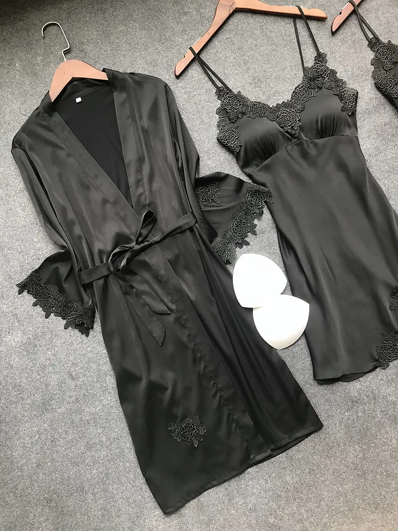 Из 4 предметов однотонная Пижама женские атласные пижамы Pijama шелк Домашняя одежда Кружева сна Lounge Пижама с нагрудники пижамы женские 918