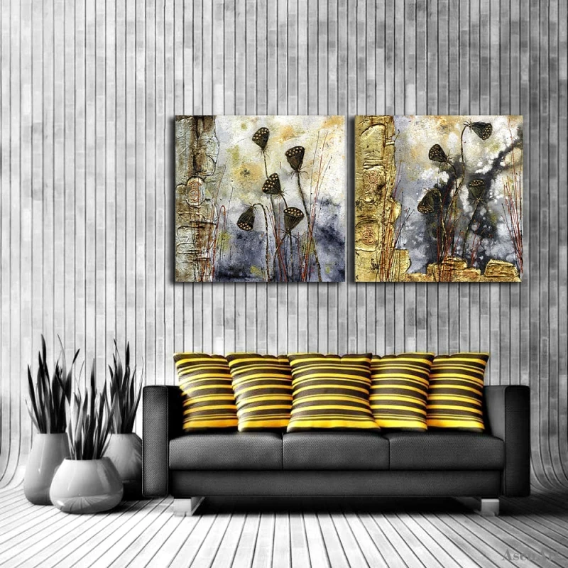 

2 Pieces Hand Painted Flower Abstract Oil Painting Modern Wall Art Picture Unframed Gray Canvas Painting for Living Room