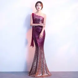 Пикантные для женщин одно плечо Cheongsam Улучшенная приталенный китайский женский халат дамы платье с русалочкой блёстки длинные Bling платья