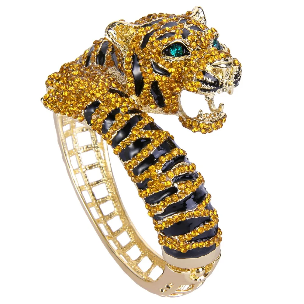 BELLA Gold Tone Brown Tiger Rhinestone Bracelets Bangles Austrian Crystal Animal Bracelets Cuff For Women Jewelry