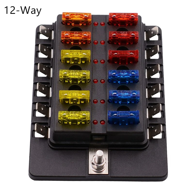 

12-Way Blade Fuse Box With LED Indicator light PC Terminal Block 1 In 12 Out Waterproof Dustproof For Car Boat