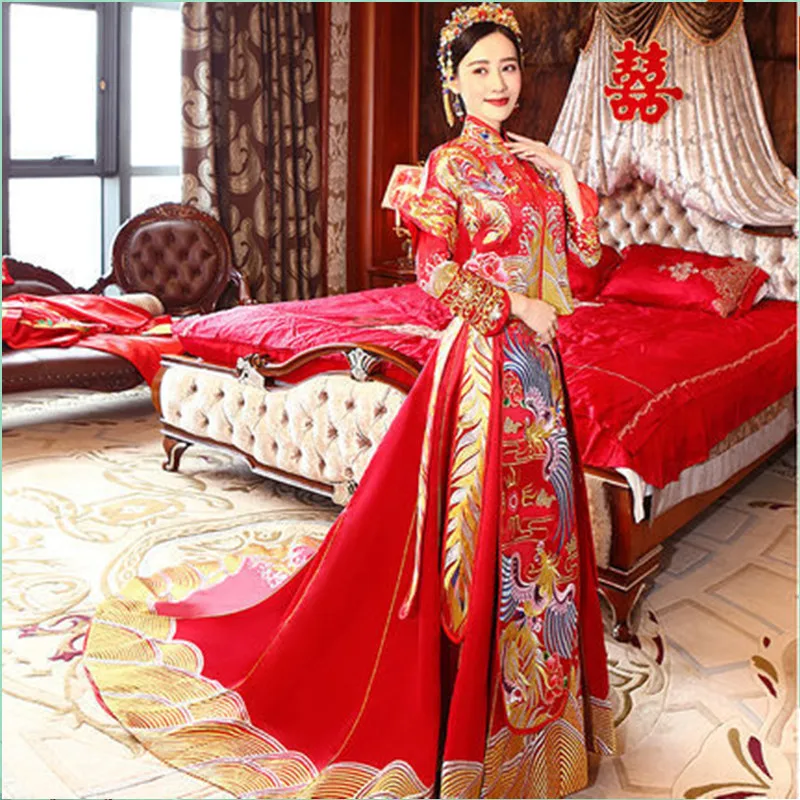 2018 свадебное платье невесты с красным цветком Qipao в национальном китайском стиле