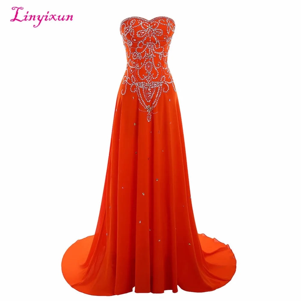 

Linyixun Real Photo Sparkling Chiffon Beaded Long Prom Dresses 2018 A Line Lace-Up Floor Length Sweep Train Evening Dresses