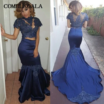 

Two Piece Mermaid Prom Dresses Cap Sleeves Lace Appliques Beaded High Neck Formal Evening Dress Plus Size Custom Party Gowns