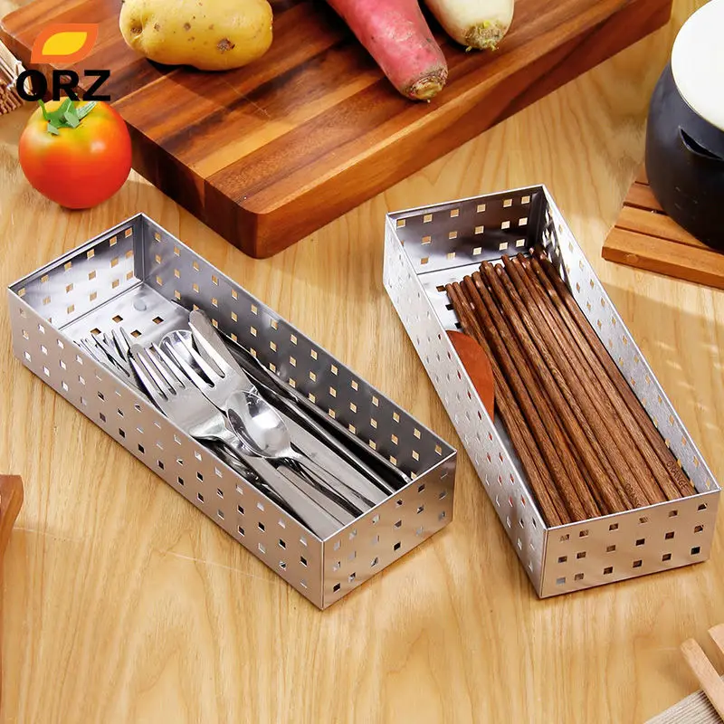 

ORZ 2pcs Cutlery Trays Tableware Storage Basket Stainless Steel Metal Kitchen Drawers Organizer Dinnerware Storage Boxes Trays