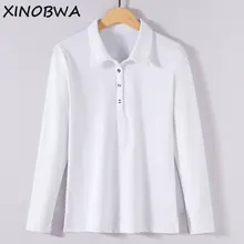 Как осень Для женщин модные свободные отложным воротником и пуговицы белая футболка с длинным рукавом Топы женские Повседневное Oversize рубашки